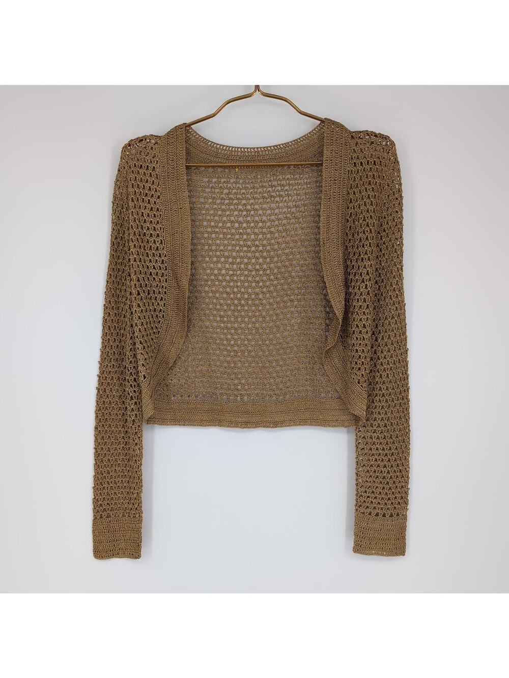 Barok Paris Gold Metallic Crochet Long Sleeved Open Face Cardigan Bolero Size XS